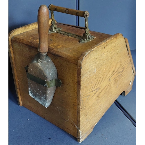 20 - Victorian Lined Oak Coal Scuttle and Shovel with Handle Opening Mechanism