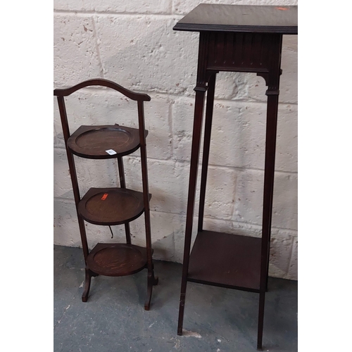 42 - Mahogany 3 Tier Folding Cake Stand & a Victorian Torchere Stand