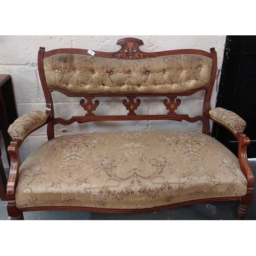 63 - Mahogany Inlaid Deep Buttoned Back 2-Seater Edwardian Settee - C. 123cm W x 58cm D x 95cm H