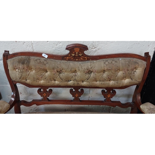 63 - Mahogany Inlaid Deep Buttoned Back 2-Seater Edwardian Settee - C. 123cm W x 58cm D x 95cm H