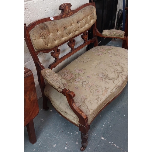 63 - Mahogany Inlaid Deep Buttoned Back 2-Seater Edwardian Settee - C. 123cm W x 58cm D x 95cm H