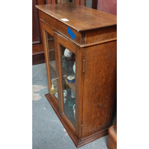 77 - Miniature Oak Cabinet - C. 61cm H x 52cm W x 23cm D plus Miniature Ware Contents