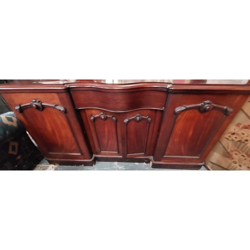 85 - Victorian Mahogany Carved Mirror Backed 4 Door Sideboard - C. 197cm W x 59cm D x 200cm H