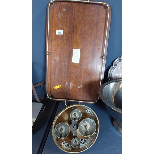 108 - Odd Lot inc Brass Church Bell. Fire Bellows, Punch Bowl, Flask & Brass Rail Tray etc