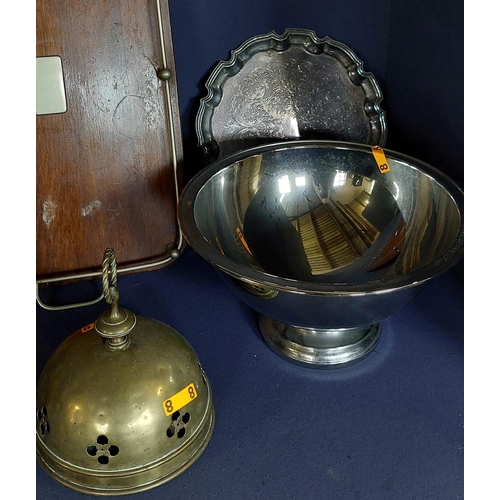 108 - Odd Lot inc Brass Church Bell. Fire Bellows, Punch Bowl, Flask & Brass Rail Tray etc