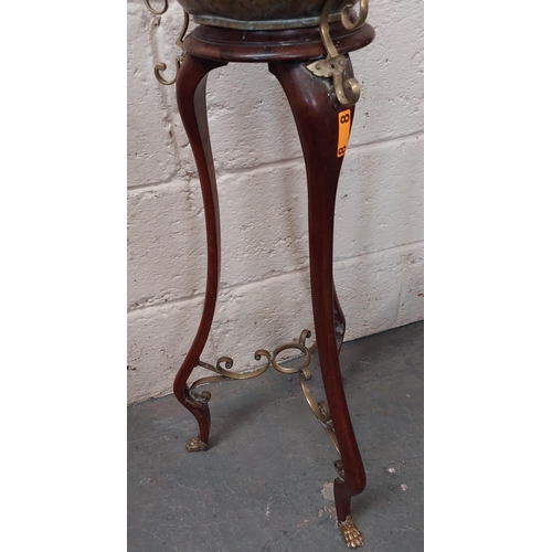 115 - Mahogany Plant Stand with Brass Scrolling and Paw Feet complete with Brass Planter