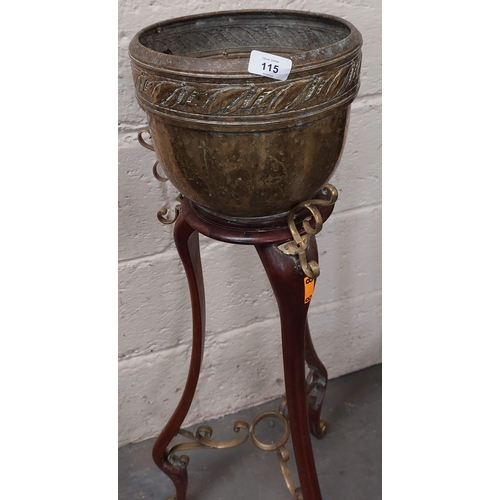 115 - Mahogany Plant Stand with Brass Scrolling and Paw Feet complete with Brass Planter