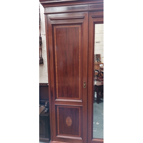 124 - Edwardian Fitted Interior Triple Door Inlaid Mahogany Wardrobe with Brass Handles - C. 180cm W x 220... 