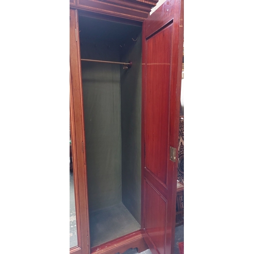 124 - Edwardian Fitted Interior Triple Door Inlaid Mahogany Wardrobe with Brass Handles - C. 180cm W x 220... 