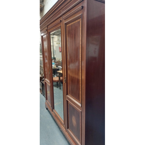 124 - Edwardian Fitted Interior Triple Door Inlaid Mahogany Wardrobe with Brass Handles - C. 180cm W x 220... 