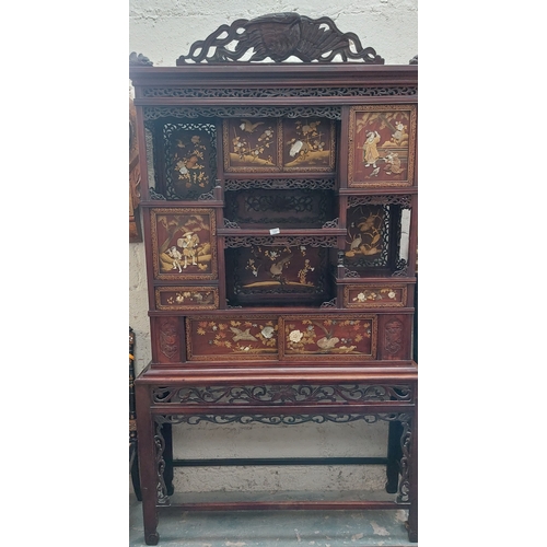 140 - Carved Oriental Japaned Fretwork Display Cabinet - C. 128cm W x 41cm D x 222cm H