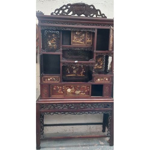 140 - Carved Oriental Japaned Fretwork Display Cabinet - C. 128cm W x 41cm D x 222cm H