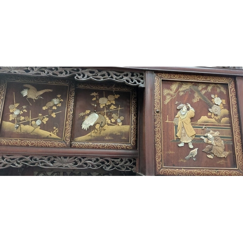 140 - Carved Oriental Japaned Fretwork Display Cabinet - C. 128cm W x 41cm D x 222cm H