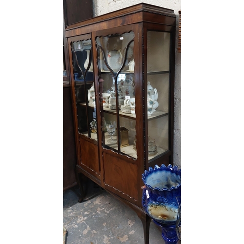 161 - Edwardian Mahogany Display Cabinet on Queen Anne Legs - C. 90cm W x 31cm D x 168cm H