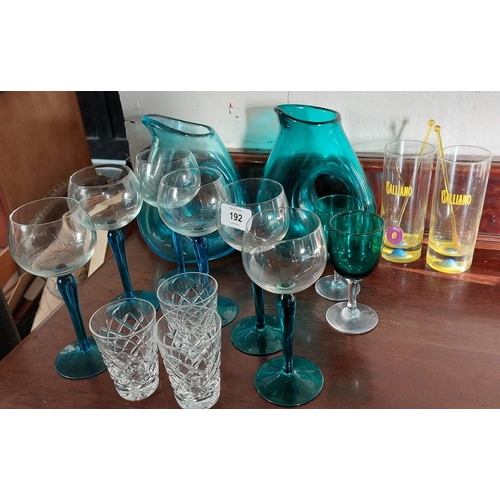 192 - Selection of Coloured Glass and Decanters plus 3 Waterford Tumblers