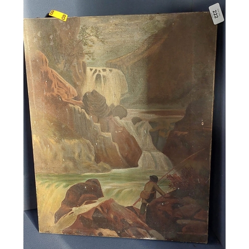 222 - Unframed Oil on Canvas of Waterfall Scene - C. 43cm W x 53cm H - Signed R Hunter 1886