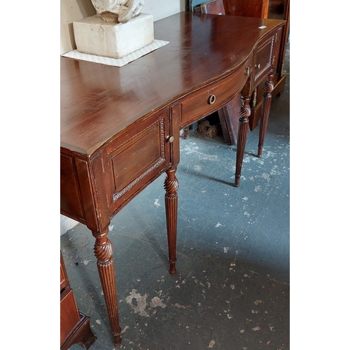 228 - Mahogany Bow Fronted Reeded Leg Side Table / Desk - C. 142cm W x 58cm D x 77cm H