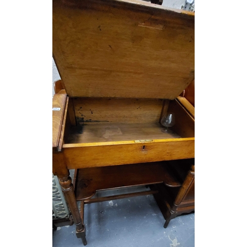 123A - Oak Clerks Desk with Leather Top. Stamped Arthur Jones & Son - C. 97cm W x 70cm D x 132cm H