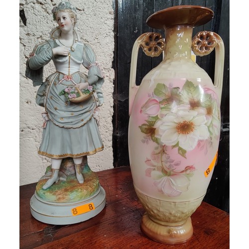 95A - Floral Painted Vase & Lady Figurine