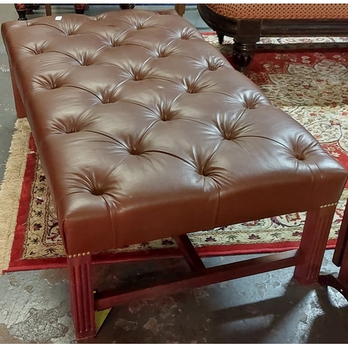 Large Deep Button Leather Top Stool on Stretcher Base - C. 134cm x 72cm ...