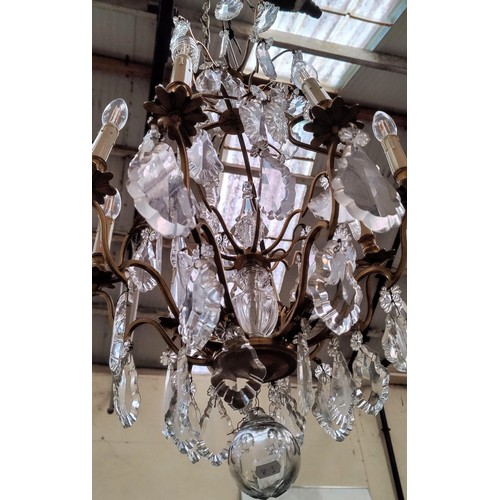 371A - French Ornate Brass & Crystal Chandelier with Candle Light Holders - C. 90cm H x 55cm W