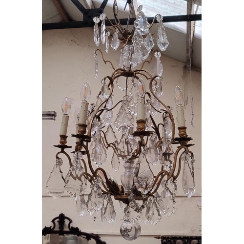 371A - French Ornate Brass & Crystal Chandelier with Candle Light Holders - C. 90cm H x 55cm W