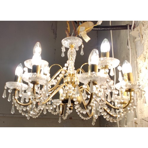 385A - Czech 12 Branch Brass and Cut Glass Chandelier - C. 60cm W x 45cm H