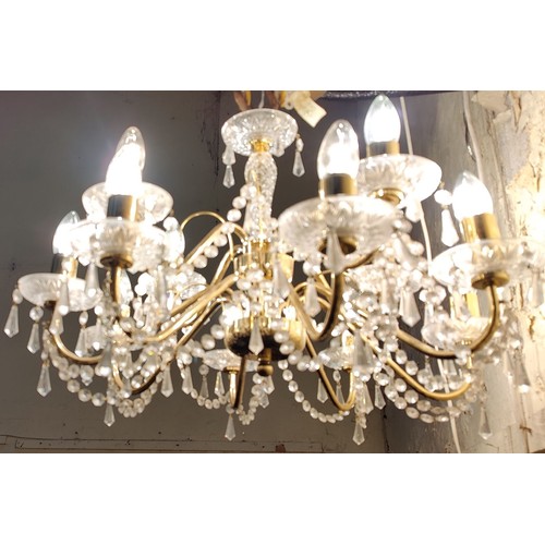 385A - Czech 12 Branch Brass and Cut Glass Chandelier - C. 60cm W x 45cm H