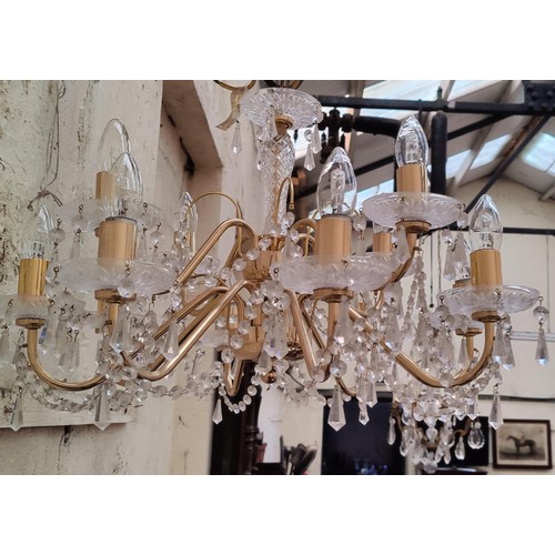 385A - Czech 12 Branch Brass and Cut Glass Chandelier - C. 60cm W x 45cm H