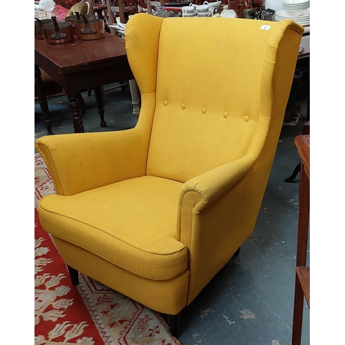 16 - Yellow Fabric Covered Wingback Armchair