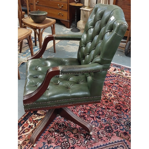 5 - Green Leather Deep Buttoned Swivel Office Chair