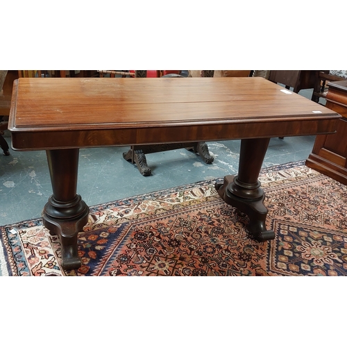 8 - Victorian Mahogany Library Table on Pedestal Column Legs - C 142cm W x 72cm D x 75cm H