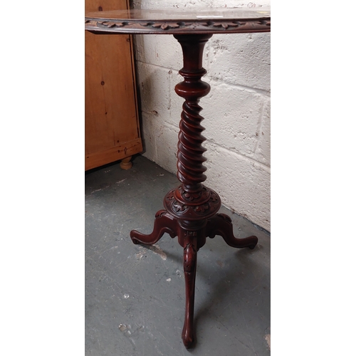 25 - Highly Carved Victorian Round Occasional Table with Barley Twist on Tripod Base - C 52cm W x 76cm H