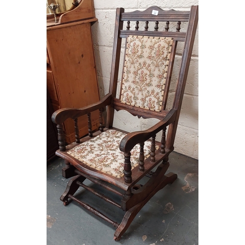 30 - Tapestry Seat Edwardian Oak Rocking Armchair