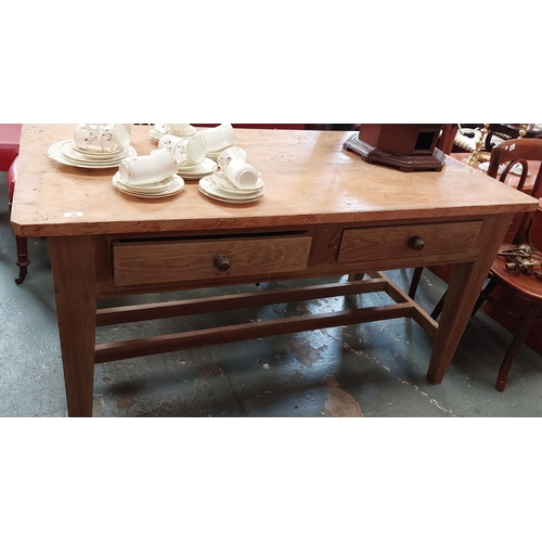 52 - Edwardian Country Pine Kitchen Table with 2 Drawers on a Double Stretcher Base - C. 153cm W x 76cm D... 