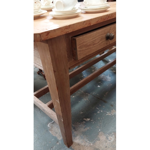 52 - Edwardian Country Pine Kitchen Table with 2 Drawers on a Double Stretcher Base - C. 153cm W x 76cm D... 