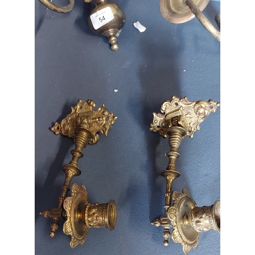 54 - Pair of Brass Wall Lights & a Pair of Brass Candle Holders