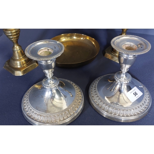 56 - Pair of Brass Candlesticks, Bowl & 2 Silver Plate Candle Holders