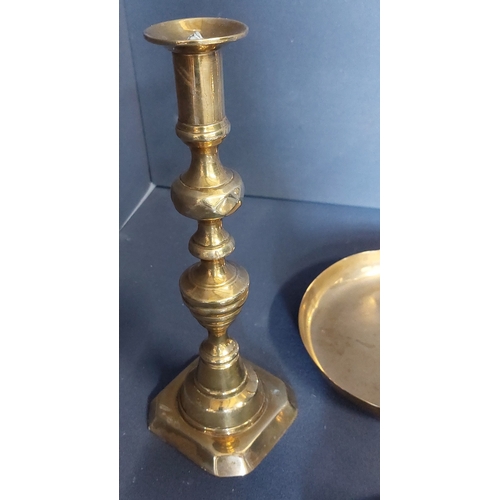 56 - Pair of Brass Candlesticks, Bowl & 2 Silver Plate Candle Holders