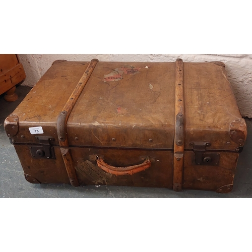 73 - Travel Suitcase. Compressed Fibre & Bentwood Surrounds with Brass Clasp Locks