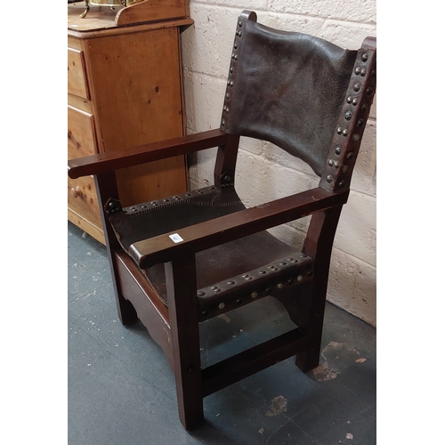 147 - Oak Throne Chair with Studded Leather Seat