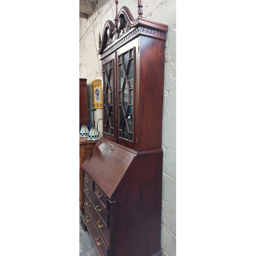 150 - Fitted Interior Mahogany Bureau Bookcase with Astragal Glazed Doors and Friese Carved Top - C. 96cm ... 