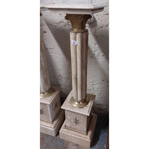 155 - Pair of Marble Pillar Pedestal Stands with Brass Detail - C. 102cm H x 25cm x 25cm