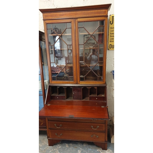 158 - 19th Century Sheraton Style Inlaid Mahogany Bureau Bookcase with Brass Handles and Astral Glazed Doo... 