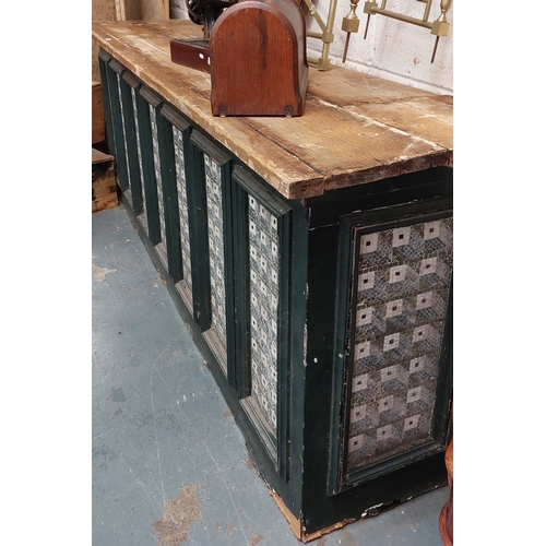 84 - Large Pine Top Counter with Mosaic Tile Panels to the front and sides - C. 293cm W x 67cm D x 104cm ... 