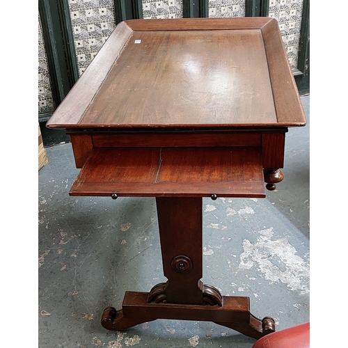 92 - Victorian Mahogany Library Table on Turned Stretcher Base with Extendible Drawer Shelf Sides - C. 10... 