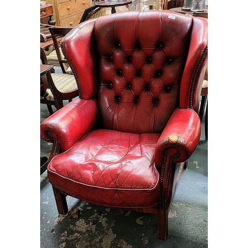 95 - Red Leather Deep Buttoned Chesterfield Wingback Armchair