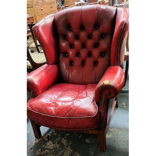 95 - Red Leather Deep Buttoned Chesterfield Wingback Armchair