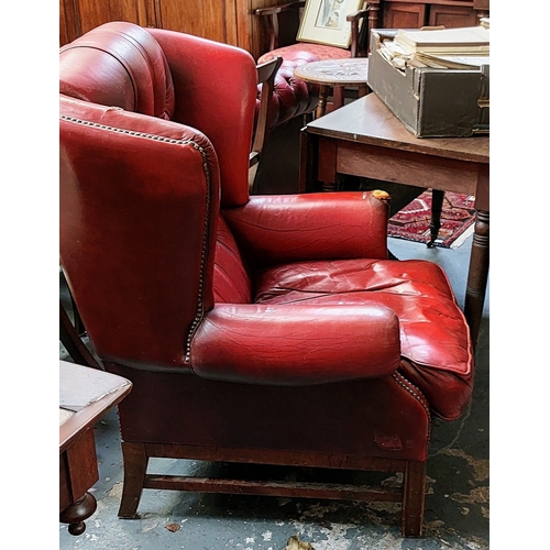 95 - Red Leather Deep Buttoned Chesterfield Wingback Armchair