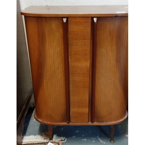 203 - Mid-Century Drinks Cabinet with Curved Tambour Doors, Rotating Bottle Stand and Internal Light - C.6... 